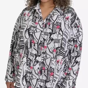 Karl Lagerfeld Button Up Shirt Blouse Women 2X Black and Pink All Over Print
